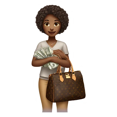 African american girl holding a Louis Vuitton bag with money sticker
