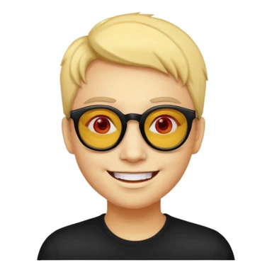 A simple yellow face smiling emoji with red lens glasses and black frames sticker