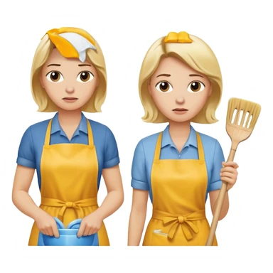 A blonde women cleaning a kitchen while her blonde husband scowls at her sticker