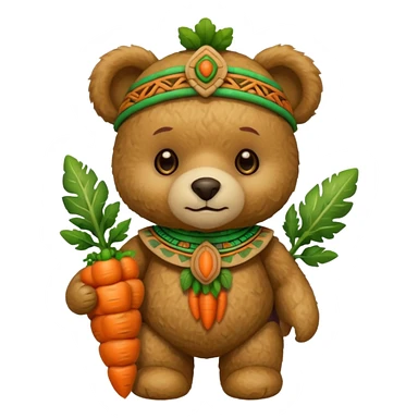 teddy bear, wearing green mayan ancient custome, with carrot sticker