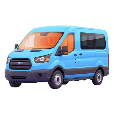 electric light blue Ford Transit passenger van, side profile, front facing right, simplified details sticker
