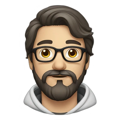 White man dark straight hair moustache and beard, wearing a hoodie, glasses sticker