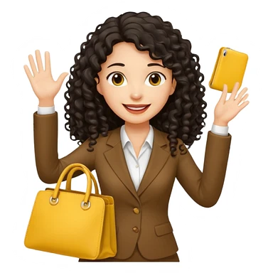 medium deep tan brown business woman with long black curly hair, waving hand with happy face with smile mouth and carrying yellow bag on her shoulder sticker
