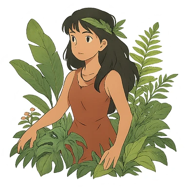 ghibli style jungle girl with lush foliage, no background sticker