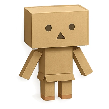 Danbo, the cardboard robot, in a softly lit room with wooden floor, cartoonish style, clean lines, pastel palette, cozy and nostalgic mood sticker