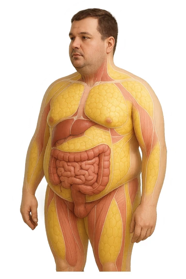 an adult man with a visibly overweight physique stands in a clinical setting. Semi-transparent overlays highlight areas of fat accumulation, especially around the abdomen, chest, and thighs. The fat tissue is shown in yellow, contrasting with underlying muscles and organs. The background is clean and modern, emphasizing the educational aspect. senza scritte sticker