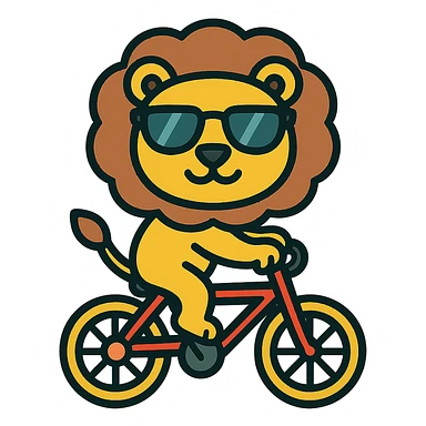 lion wearing sunglasses riding a bicycle, colored icon sticker