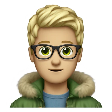 blonde medium length haired boy with green eyes , glasses , blue jean jacket with fur lining sticker