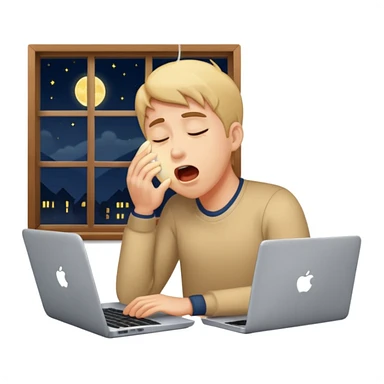 tired student with laptop, yawning, window at night behind sticker