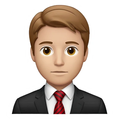 man with combed light brown hair wearing a suit with black horizontal stripes and a red tie sticker