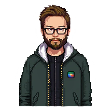 pixel art portrait of a person with glasses, beard, and a zip-up jacket, inspired by the reference photo sticker