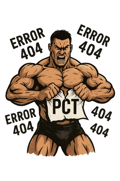bodybuilder che strappa un foglio con la scritta "PCT" INTORNO A LUI FLUTTUANO LE PAROLE "ERROR 404" sticker