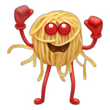 Spaghetti and meatballs with a face, arms and legs, doing something random sticker