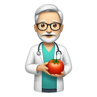DOCTOR WITH WRINKLES, MAN, FULL GREY BEARD, GREY AND WHITE SHORT HAIR, DARK RED GLASSES, holding a tomato on his palm sticker