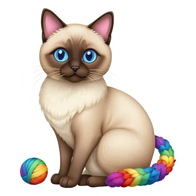 Siamese cat sitting full body with rainbow eyes playing with a wool ball sticker