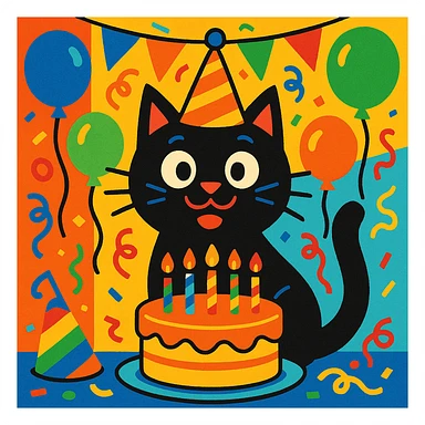 a black cat having a birthday party, vibrant cartoon style sticker