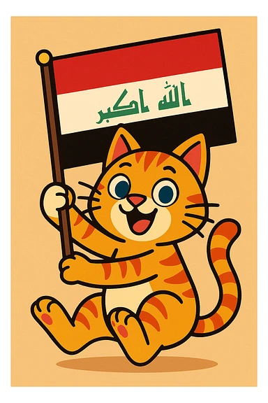 playful cat holding the Iraq flag, vibrant colors, cartoon style, lively and fun sticker