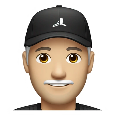 An adult white skin portrait of male with stubble and a slightly gray beard, brown hair, black eyes, wearing a black Reebok cap with a round emblem on his head, and a black sweater with three white stripes on the sleeves underneath. sticker