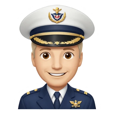 A light-skinned mid-aged man with brown eyes, smiling while wearing a white captain’s hat with a navy emblem. sticker