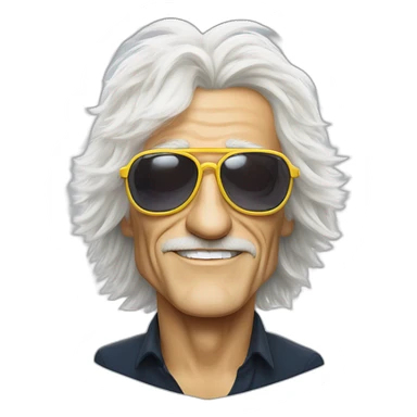 michel polnareff avec des lunettes de soleil blanches, des cheveux longs jaunes et raides, vieux, avec un costume bleu et expression de visage neutre sticker