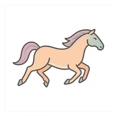 A horse in Chinese Eastern style with thin clean contours and soft rounded shapes. The pose is like the reference with all four legs in a jump, none touching the ground. Use a pastel palette with colors #98B5BC, #B5B3C1, #C9A3C9, #E4C0CA, #F7DCD1, #F7C0AA. Include detailed shadows and highlights with soft lighting. The background is transparent. The style is less cute and without decorative elements. sticker