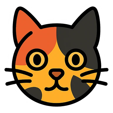 tortoiseshell cat face, stylized, bold colors, minimal background sticker