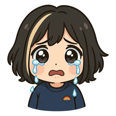 Edit this exact chibi girl in the same anime chibi style, keeping the face, hair, and outfit identical. Add big teary eyes, tears streaming down her cheeks, and a sad expression to make her look like she is crying. The background should be transparent and the image sized for Twitch emoji use. sticker