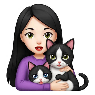 girl with straight black hair cuddling black and white cat with tongue out sticker
