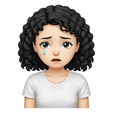 a pretty fair bratz girl with black curly hair, crying, wearing a white tshirt sticker