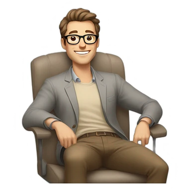 Joyful thrumbs up Pale skinned Fit Man With dark brown hair in gray jacket, beige office shirt, Brown pants and vintage glasses sitting In a soft chair sticker