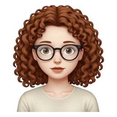 aesthetic white girl with COOL coloured brown, very long curly hair, she wears an offwhite top and her eyes are black , and wears thin small glasses sticker