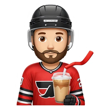 hockey player with a beard with iced coffee in red and black jersey wearing a hockey helmet  sticker