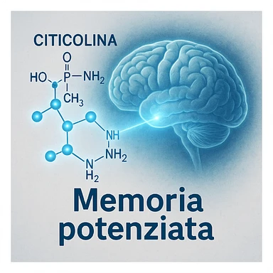 Citicolina che migliora la memoria, iper realistico, molecola blu che illumina un cervello stilizzato, scritta in italiano 'Memoria potenziata', atmosfera scientifica, sfondo chiaro sticker