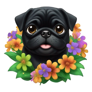 Black pug , surrounded by flowers, holding a green sign that says “good luck”  sticker