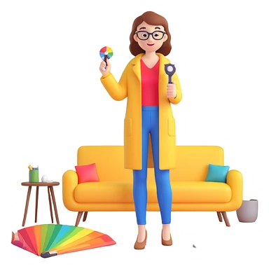 interior designer holding color swatches and a tape measure, standing in a stylish living room sticker