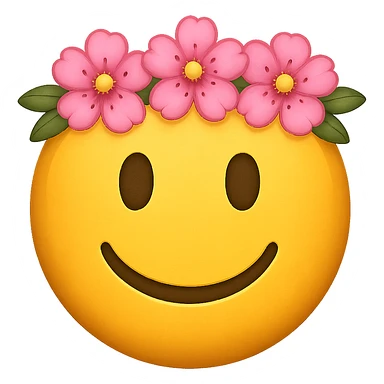 yellow face with pink flower crown emoji, digital illustration, remove background sticker