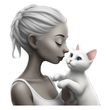 Photo realistic, alien female gray, kissing and embracing white cat, sticker