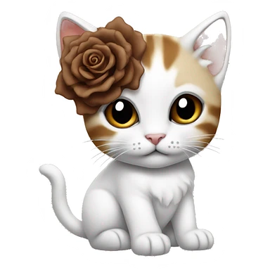 Kitten with brown gears all white with a rose and a bow, in the ear sticker