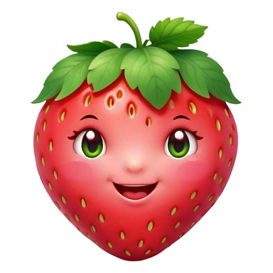 Cinematic plump happy strawberry, glossy bright red, tiny round eyes and blushing cheeks, green leafy top slightly tilted, cheerful and charming. sticker