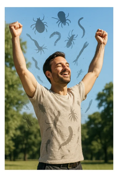 a man stands outdoors in bright sunlight, arms raised in relief and joy, while faint, shadowy silhouettes of parasites fall away from his body and dissolve into the air. His posture is upright and energetic, his expression serene and healthy. The background features green trees and a clear sky, emphasizing liberation and restored well-being. sticker