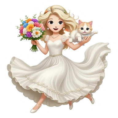 White woman - long hair - white wedding dress - holding a kitten - happy - jumping - fashionable - elegant - bouquet - dreamy - colorful - pearl accessories sticker