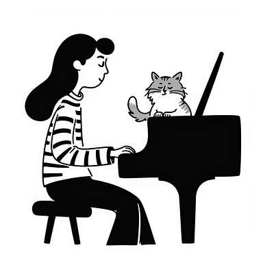 woman playing piano while her cat sits on top of the piano sticker