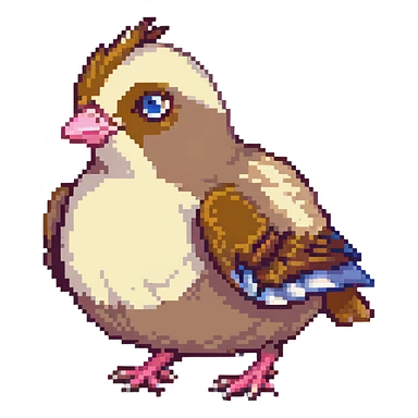 pidgey, small brown bird with cream face and underbelly, pink feet, and a short beak, pixel art style sticker