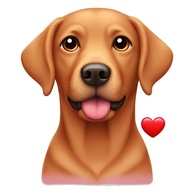 Red Labrador holding a heart sticker
