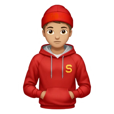 make me an emoji of an americain 19 yearold boy in a red hoodie that says "south" on it and give him with tan skin with his hands in his hands in his pocket not grining flexing his muscles sticker