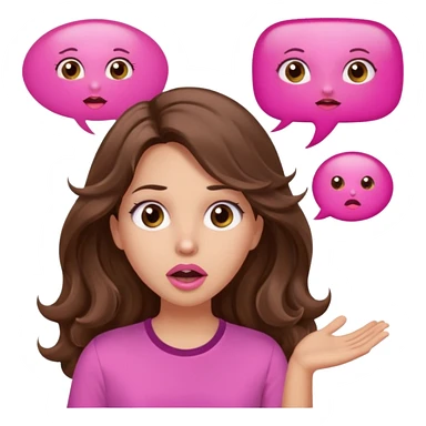 girl with long wavy brown hair, brown eyes, light to medium complexion, in a pink shirt, pink lips, long lashes, surprised, wow speech bubble sticker