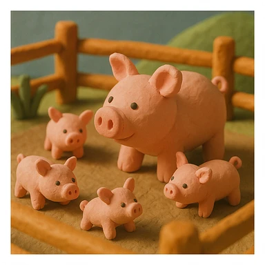 claymation style pig in a pig pen with several piglets, playful, pastel colors, visible fingerprints, textured look sticker