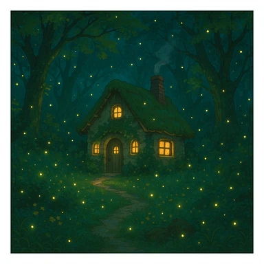whimsical forest scene with glowing fireflies and a small cottage sticker