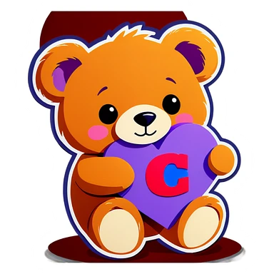 teddy bear holding a lilac heart with the letter C inside the heart sticker