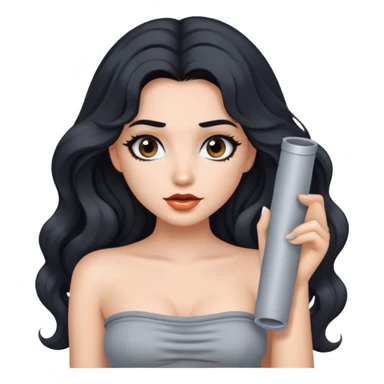 Girl with long wavy black hair with makeup on and a gray tube top sticker